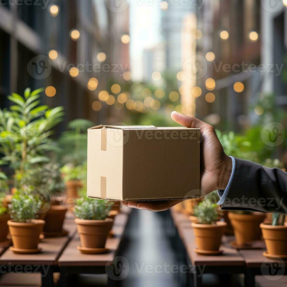 Courier brings cardboard boxes to customers, delivery service to customers, packing cardboard boxes. Great for business, giving, job career, websites, services. Generative Ai concept photo