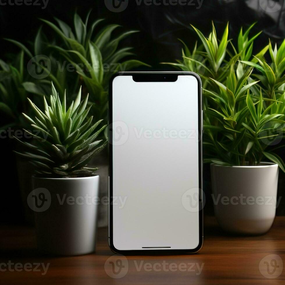 Plain cellphone and laptop mockup with modern lifestyle design workspace background for work and communication, great for networking, business, marketing etc. Ai generative image photo