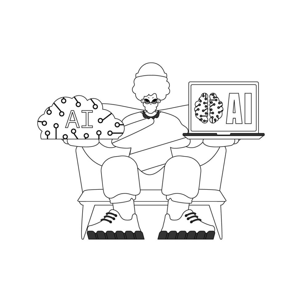 A man sitting on a couch with a laptop and a brain vector