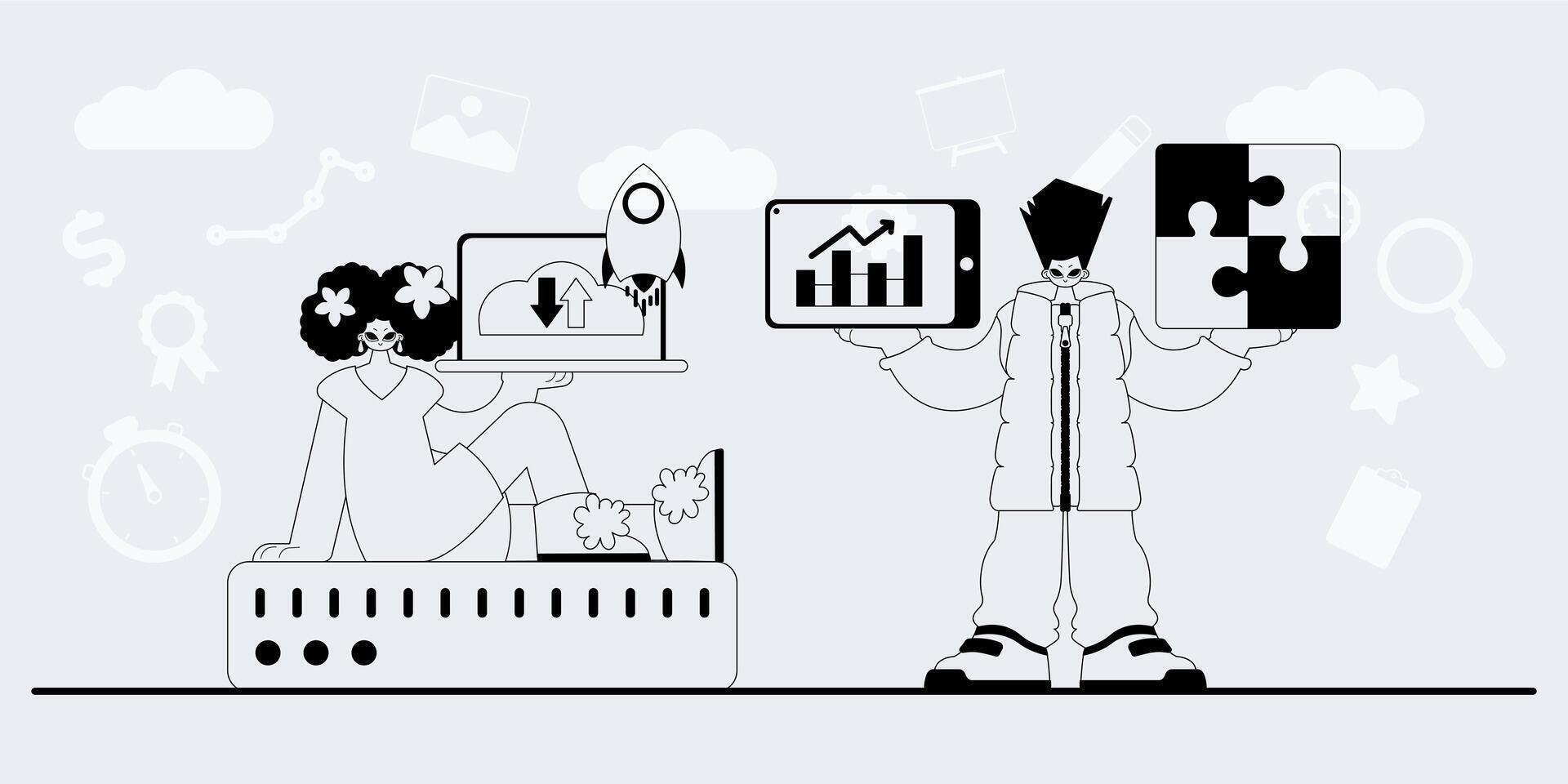 A man and woman are holding up a laptop and a tablet vector