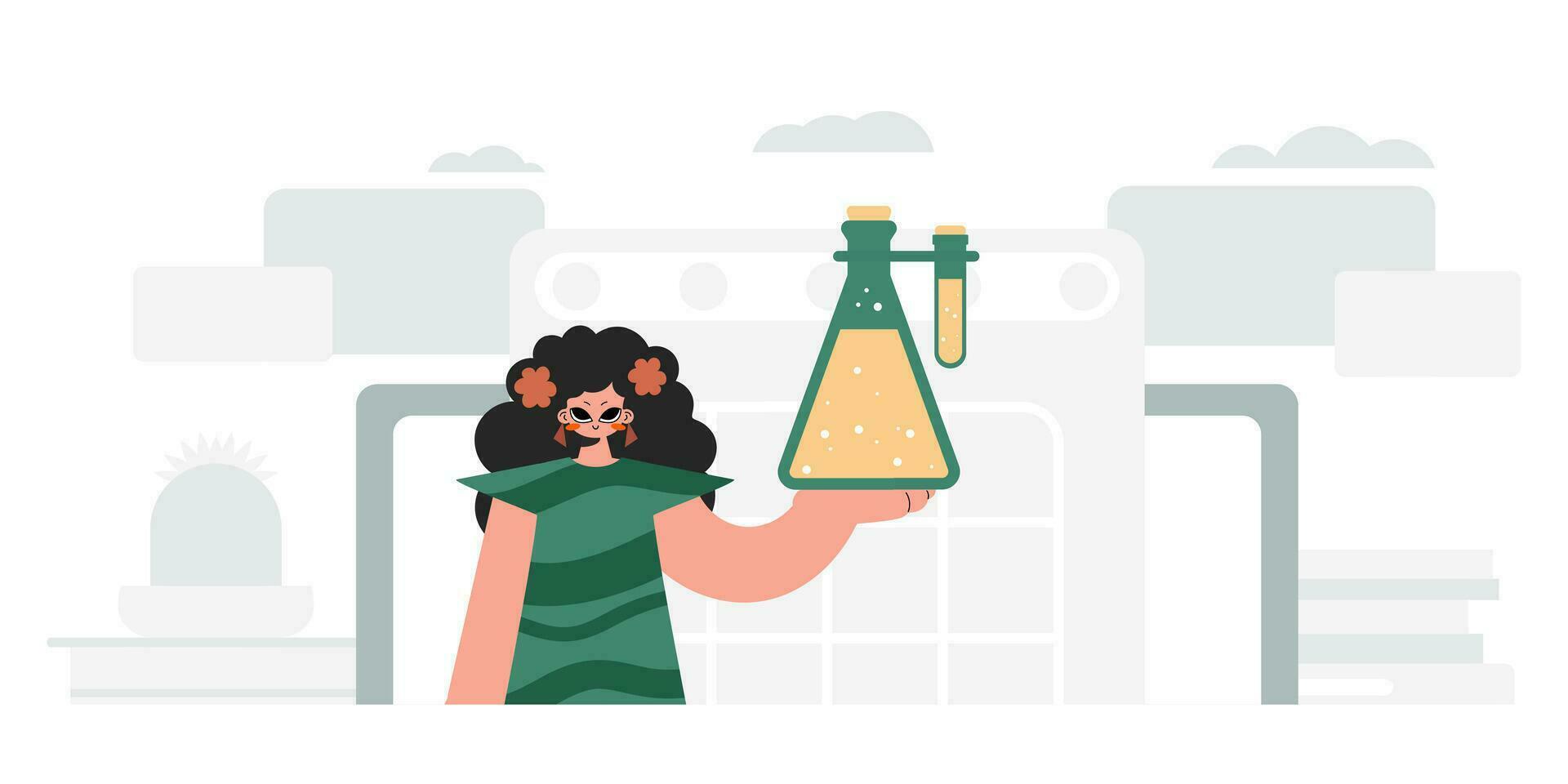Unending woman holding chemical carafe, learning point. Trendy style, Vector Illustration