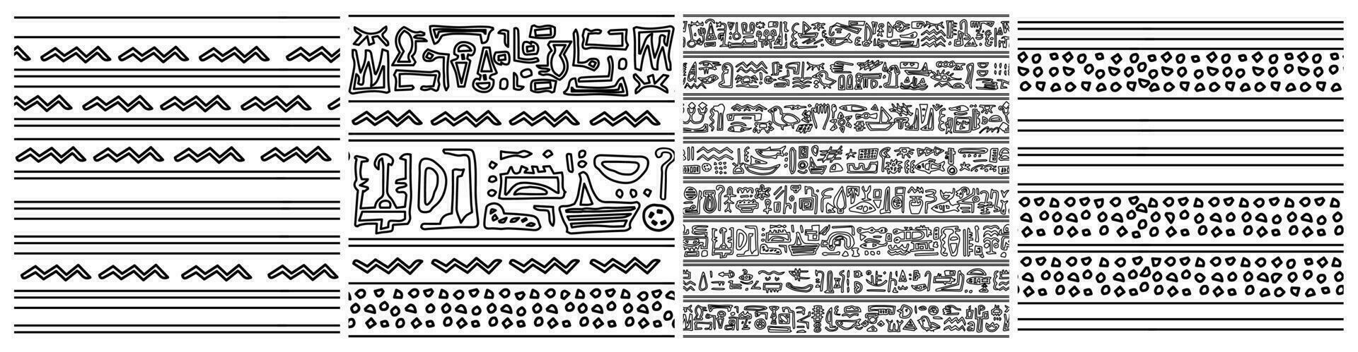 Egypt theme set of seamless patterns. Black white vector hand drawn group of prints with symbols like hieroglyphs