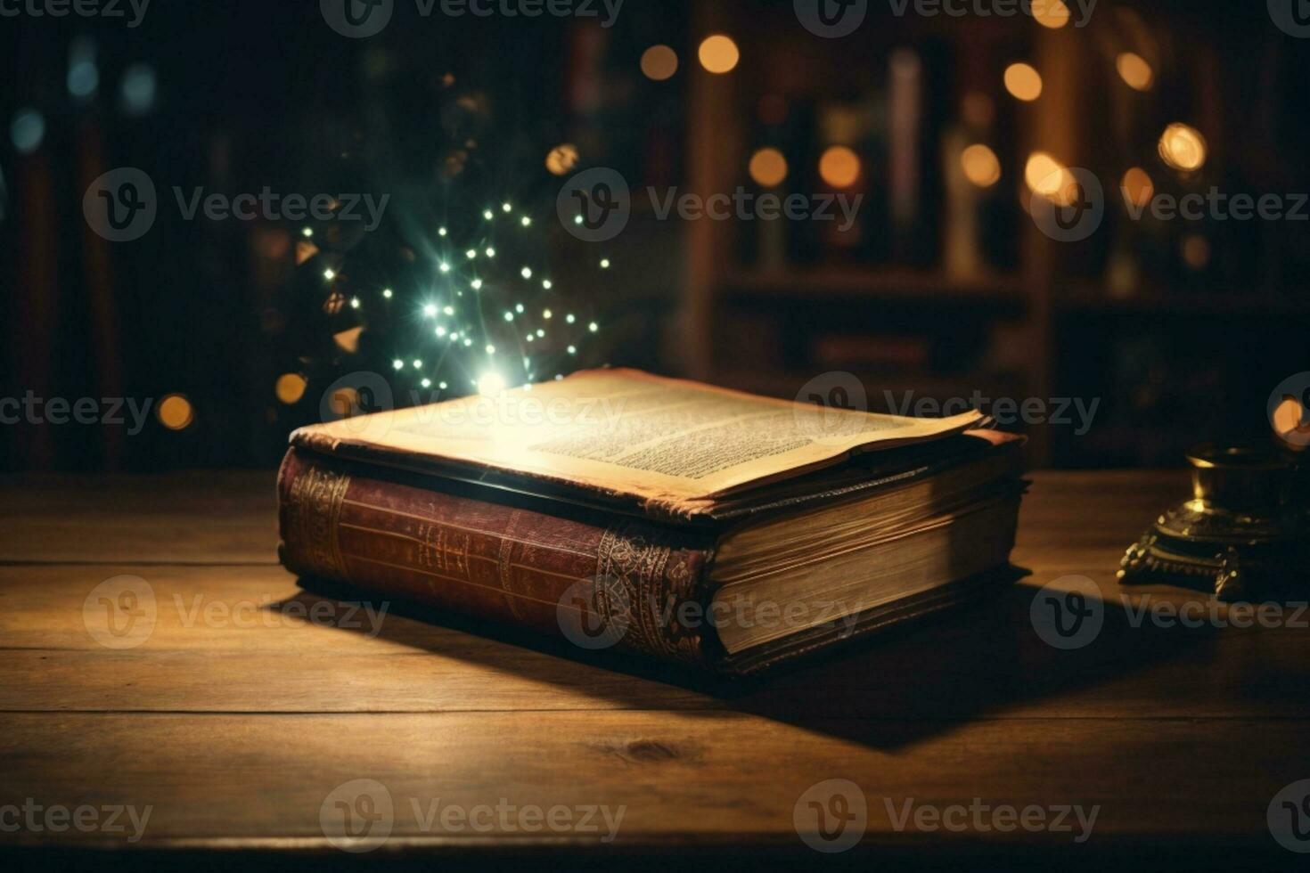 antiguo libro con magia luces en Clásico mesa. ai generado foto