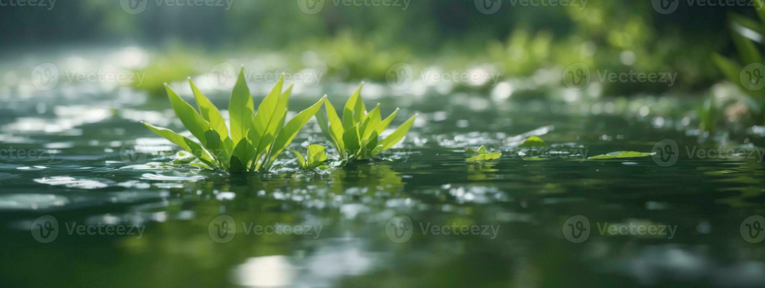 borroso imagen de natural antecedentes desde agua y plantas. ai generado foto