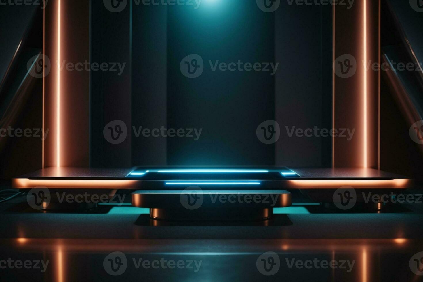 Futuristic dark podium with light and reflection background. AI generated photo