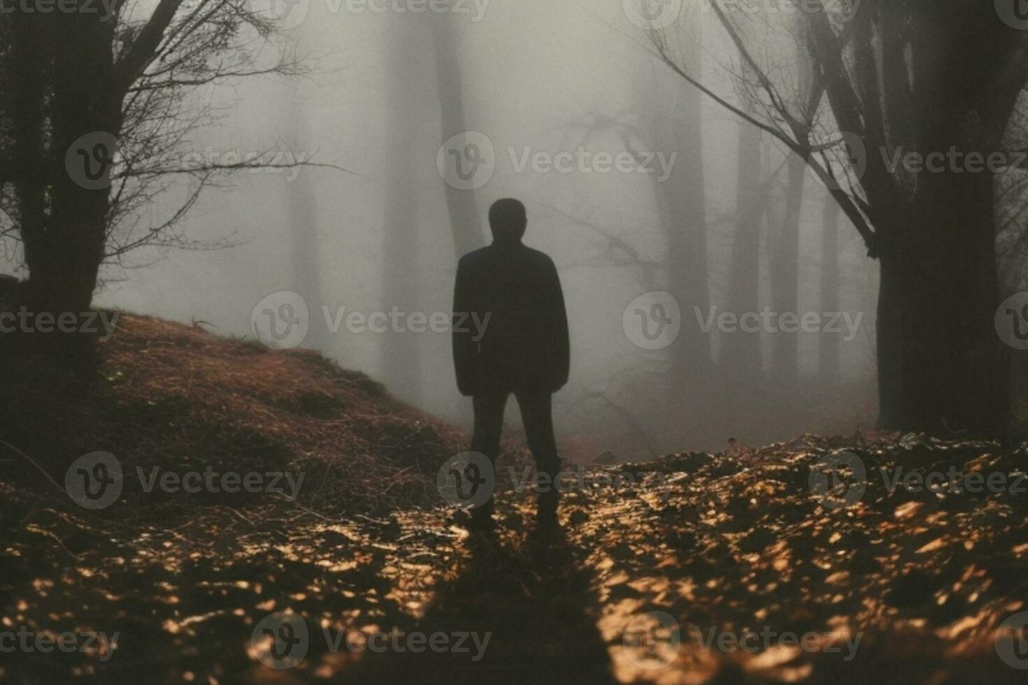 silueta de solitario hombre en bosque. ai generado foto