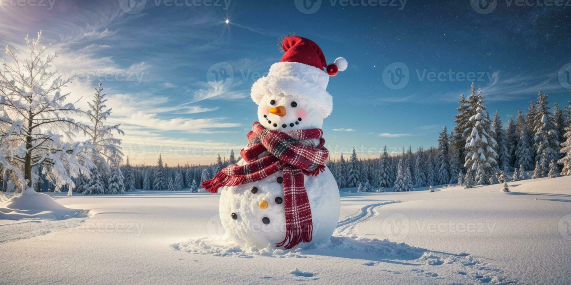 Merry christmas and happy new year greeting card with copy-space.Happy snowman standing in christmas landscape.Snow background.Winter fairytale.. AI generated photo