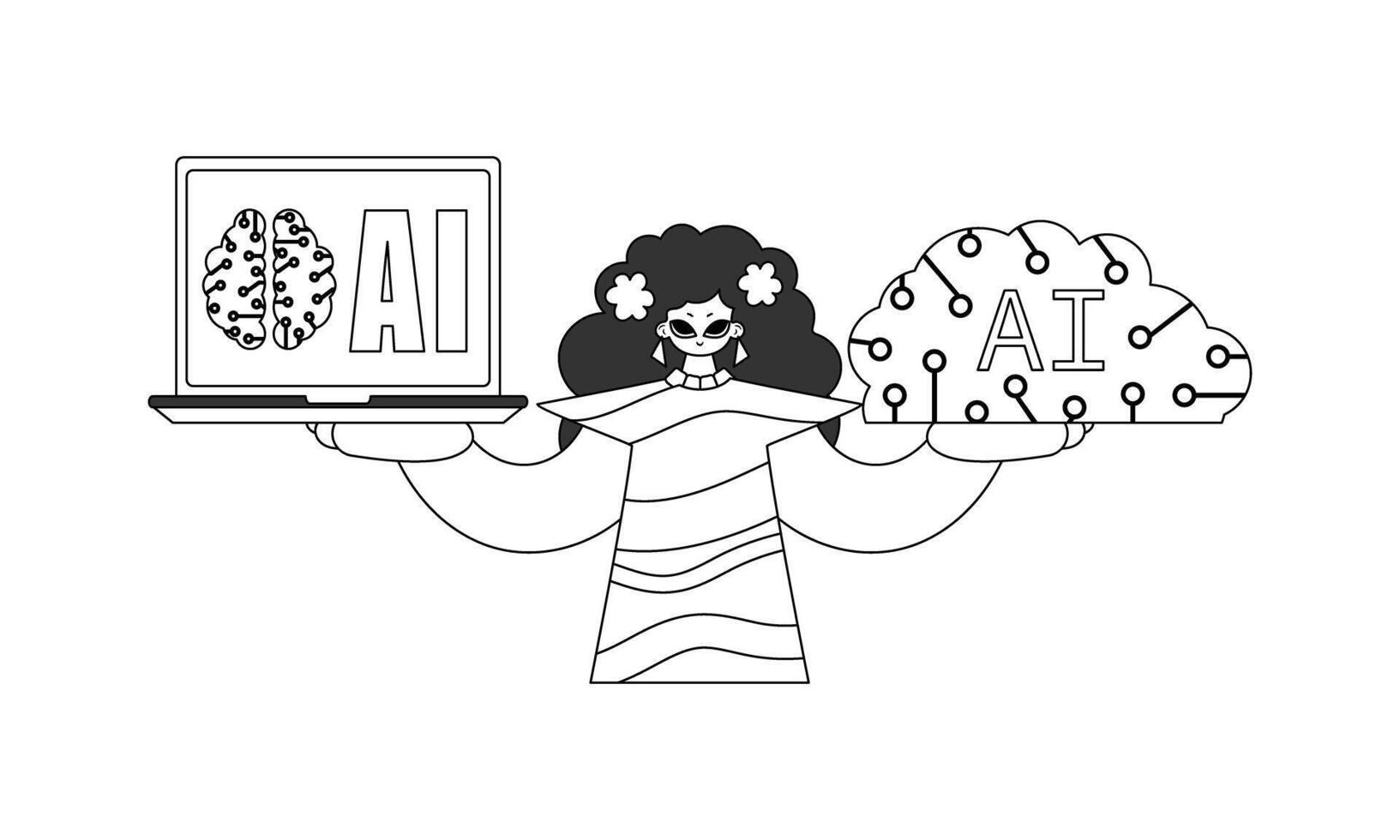 A black and white illustration of a woman holding a laptop and a computer vector