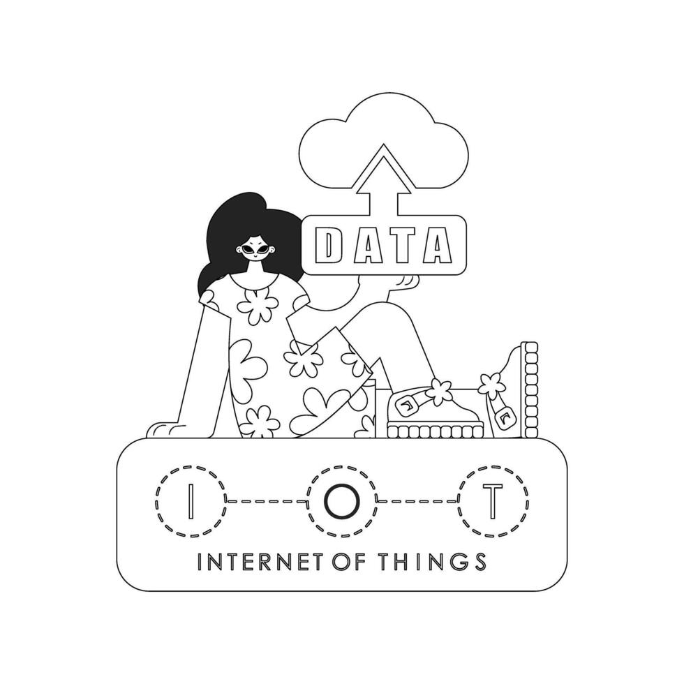 Girl holds symbol of net of things cloud storage, art in line style vector