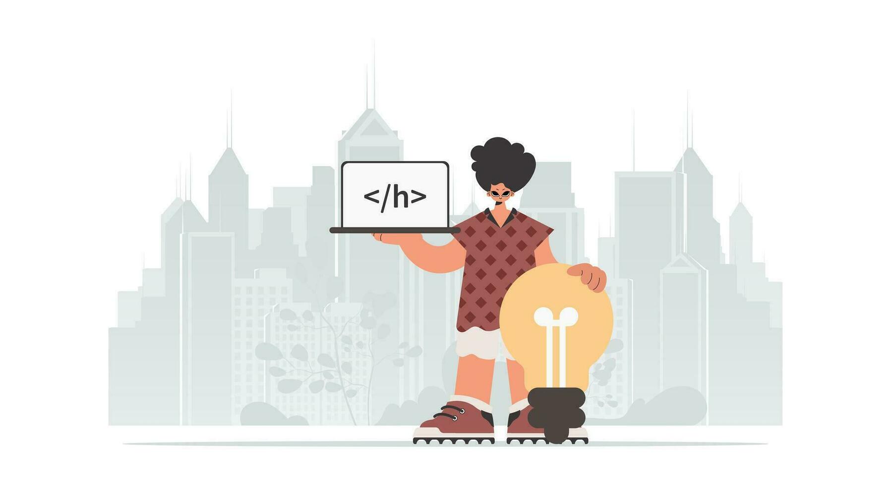The person is holding a browser window with a programming picture, and to boot standing close a colossal light bulb. Trendy style, Vector Illustration