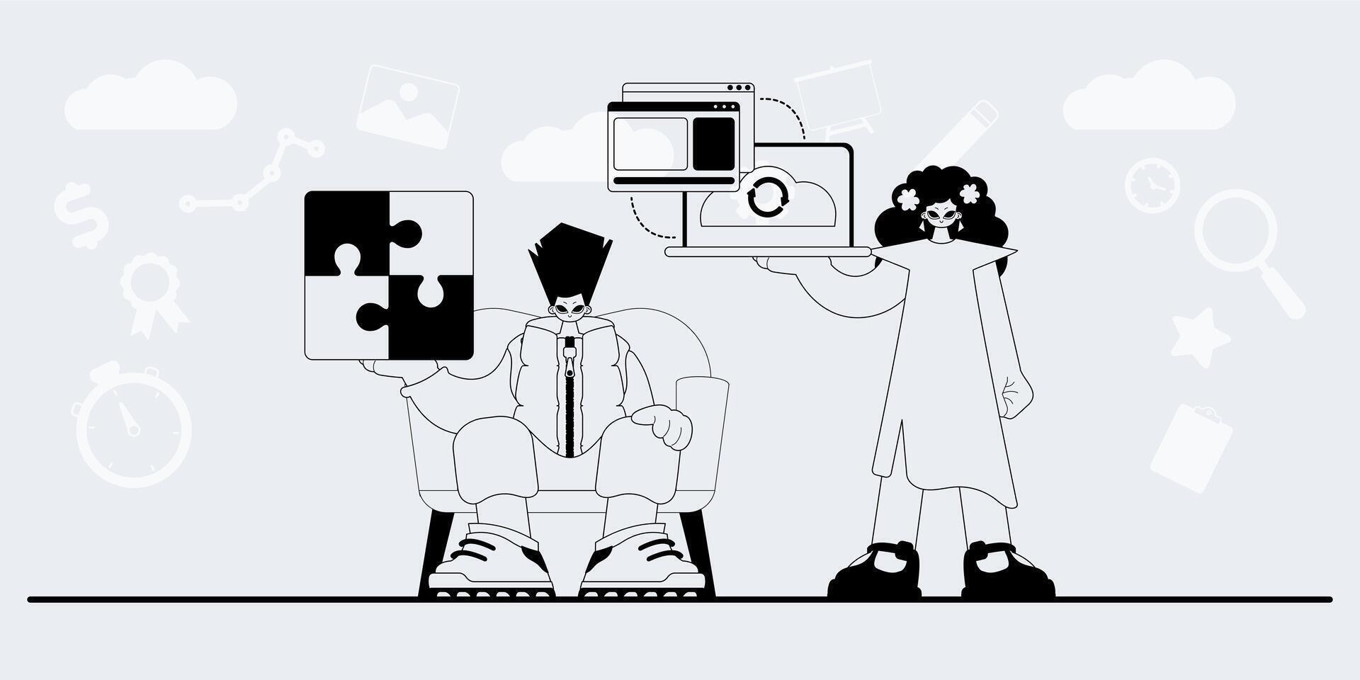A man and woman are holding up a computer and a puzzle piece vector