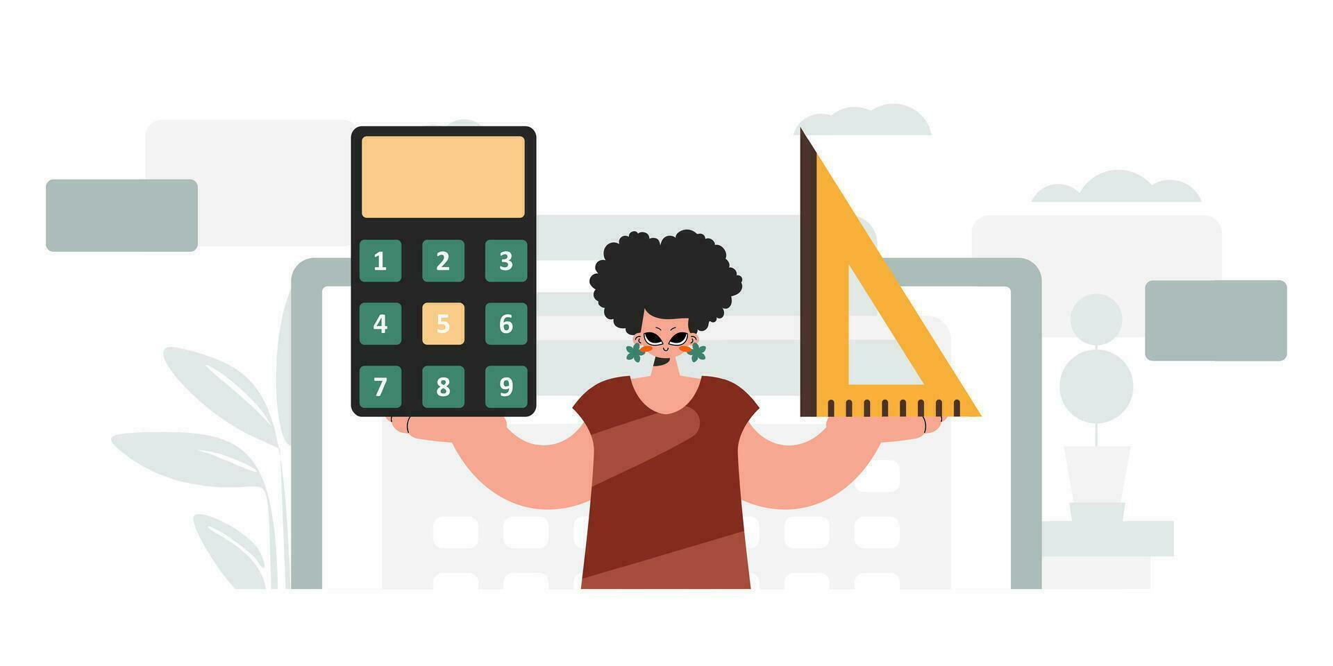 Energized lady holding a ruler and calculator, learning subject. Trendy style, Vector Illustration