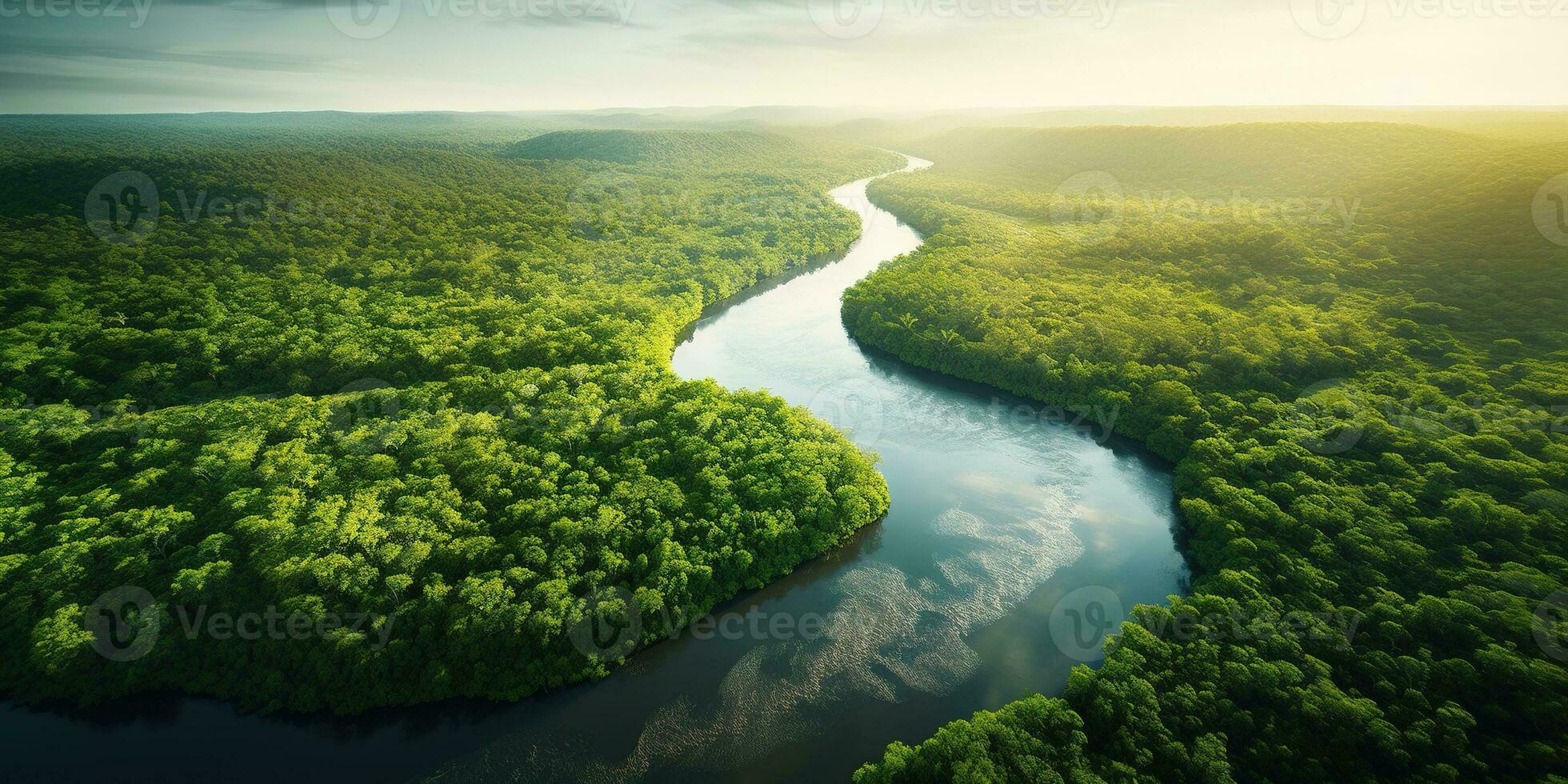 generativo ai, verde hermosa amazónico selva paisaje con arboles y río, zumbido ver foto