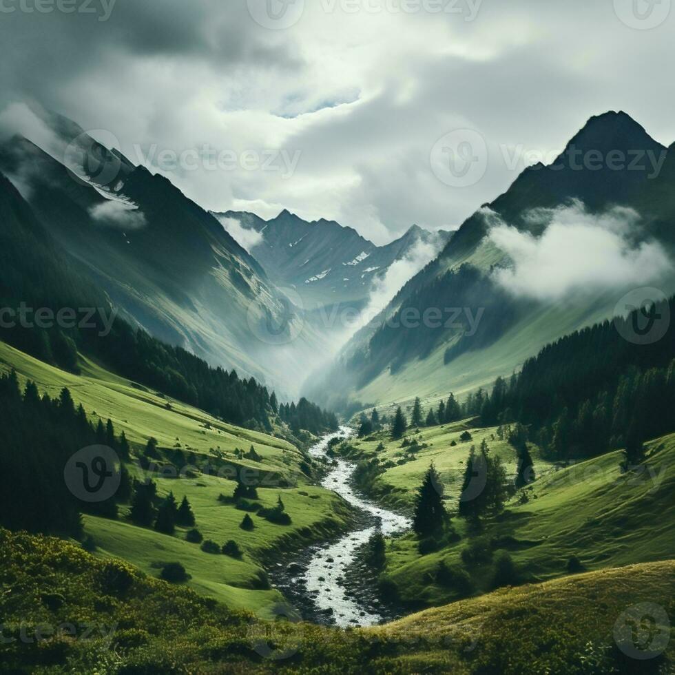 Beautiful landscape of mountains, flowing rivers and valleys in the highlands, great for websites, blogs, backdrops, business etc. Image from generative ai photo