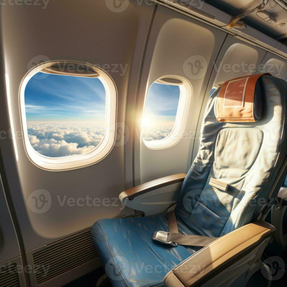 Commercial airplane flight transport with passenger seat interior with empty seat object, cloudy sky view from inside window. Image of generative Ai photo