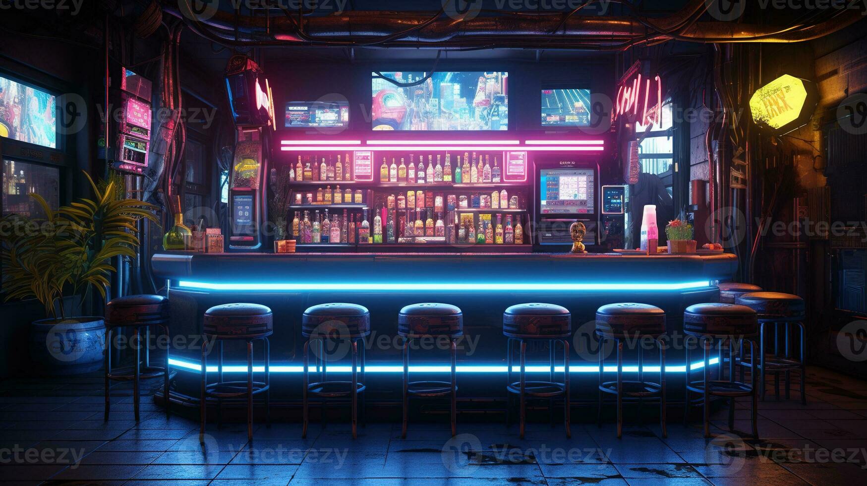 generativo ai, cyberpunk estilo bar o cafetería. noche escena de grande ciudad, futurista nostálgico años 80, años 90 neón luces vibrante colores, fotorrealista horizontal ilustración. foto