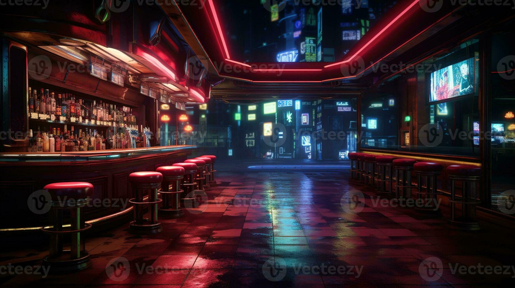 Generative AI, Cyberpunk style bar or cafe. Night scene of big city, futuristic nostalgic 80s, 90s. Neon lights vibrant colors, photorealistic horizontal illustration. photo