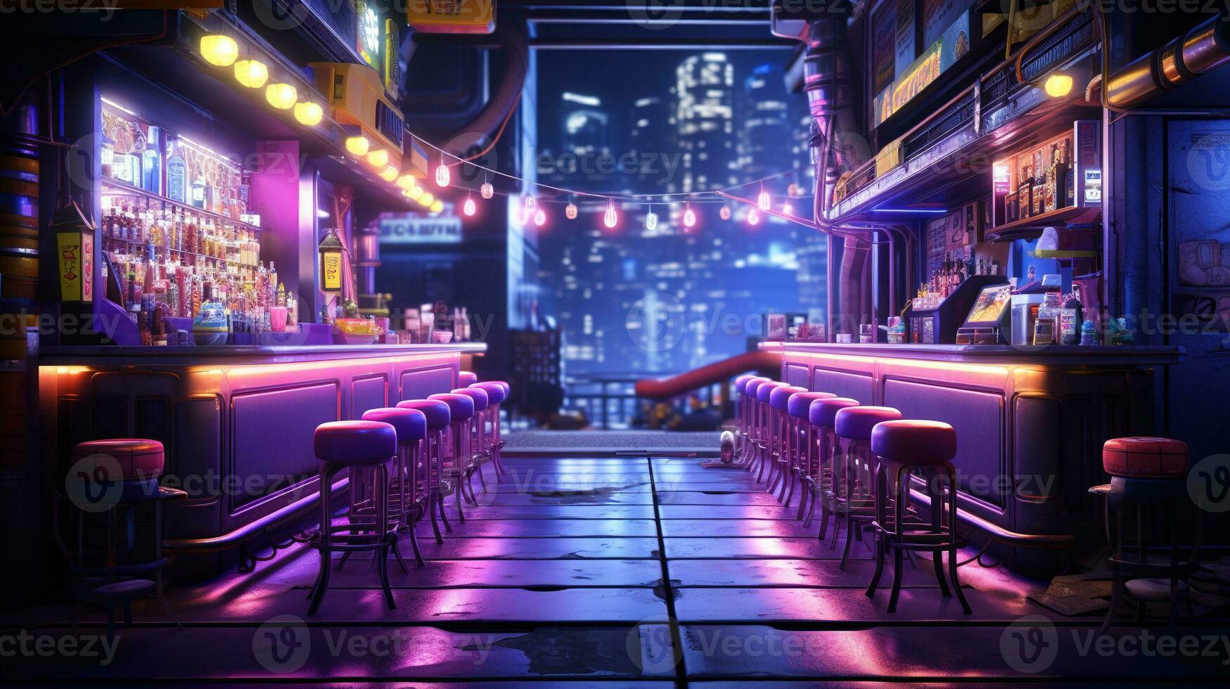 generativo ai, cyberpunk estilo bar o cafetería. noche escena de grande ciudad, futurista nostálgico años 80, años 90 neón luces vibrante colores, fotorrealista horizontal ilustración. foto