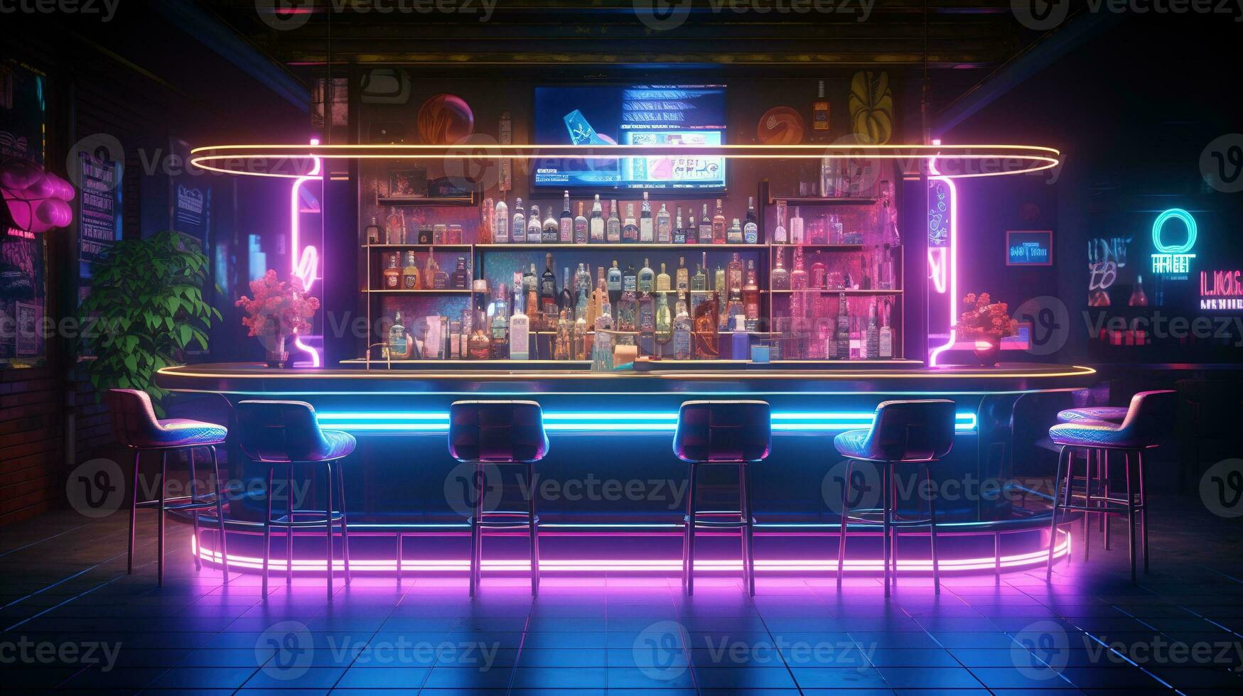 Generative AI, Cyberpunk style bar or cafe. Night scene of big city, futuristic nostalgic 80s, 90s. Neon lights vibrant colors, photorealistic horizontal illustration. photo