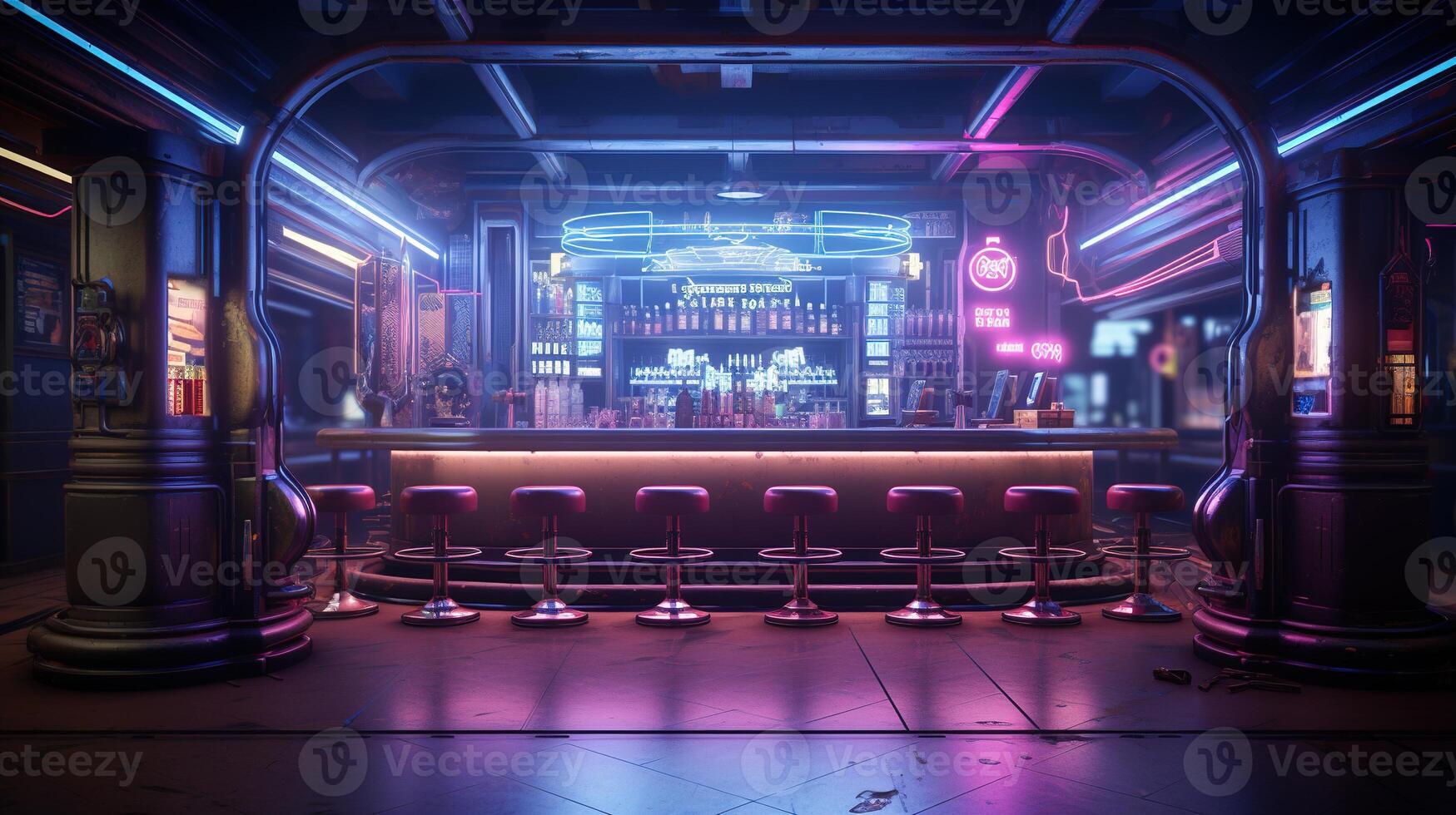 Generative AI, Cyberpunk style bar or cafe. Night scene of big city, futuristic nostalgic 80s, 90s. Neon lights vibrant colors, photorealistic horizontal illustration. photo