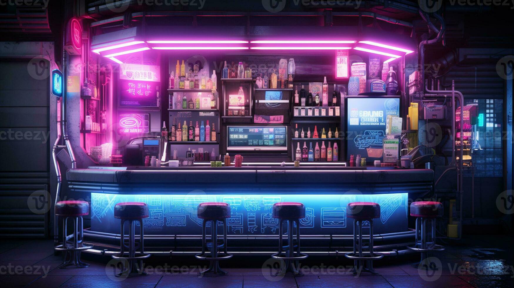 generativo ai, cyberpunk estilo bar o cafetería. noche escena de grande ciudad, futurista nostálgico años 80, años 90 neón luces vibrante colores, fotorrealista horizontal ilustración. foto