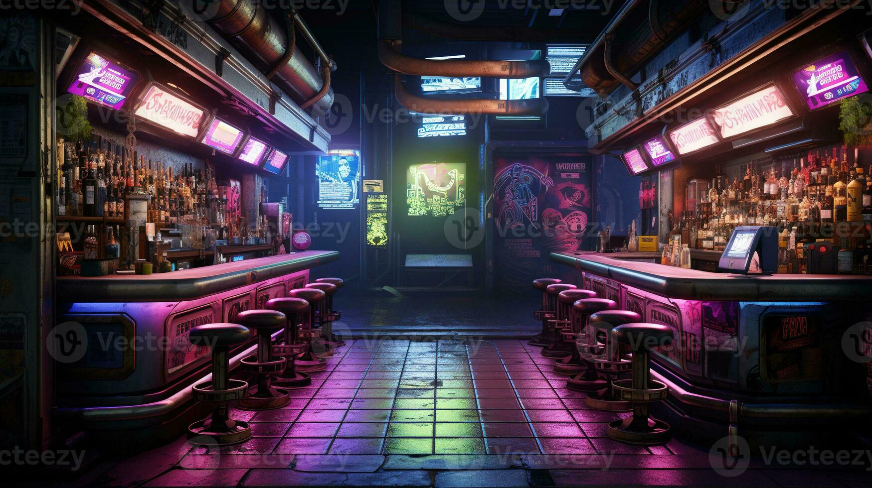 Generative AI, Cyberpunk style bar or cafe. Night scene of big city, futuristic nostalgic 80s, 90s. Neon lights vibrant colors, photorealistic horizontal illustration. photo