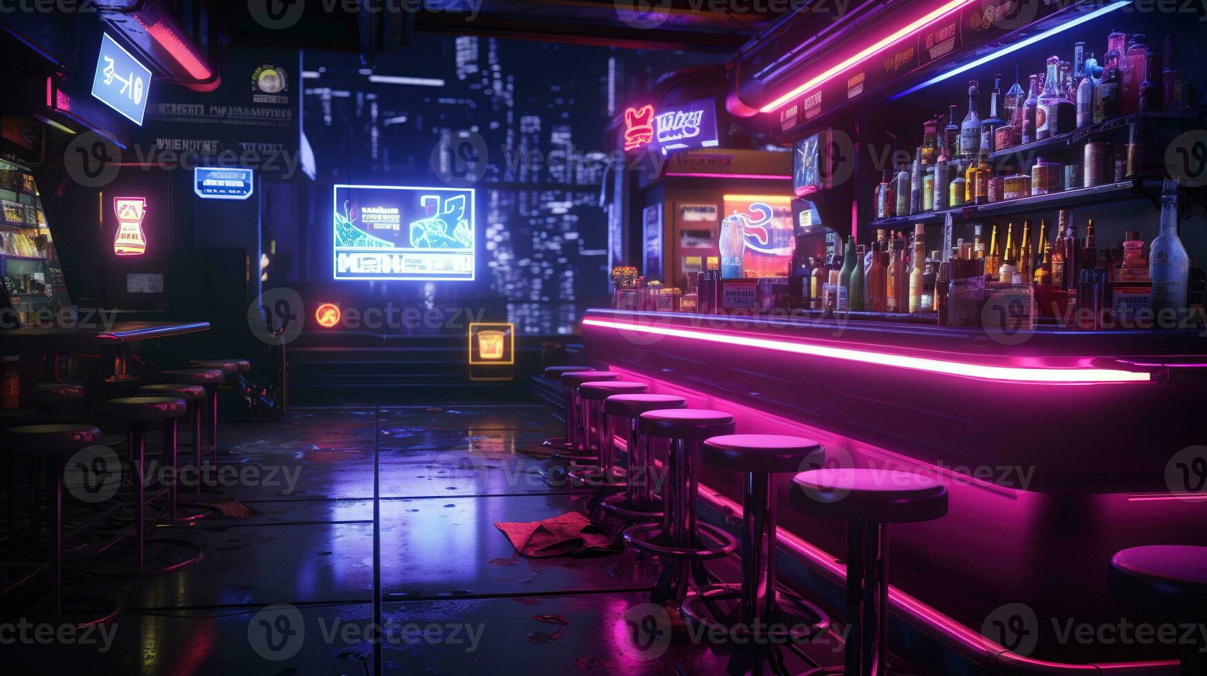 Generative AI, Cyberpunk style bar or cafe. Night scene of big city, futuristic nostalgic 80s, 90s. Neon lights vibrant colors, photorealistic horizontal illustration. photo