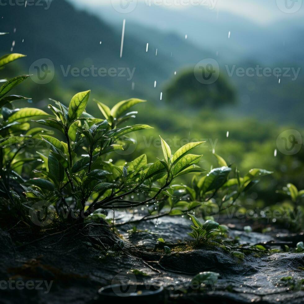 escénico ver de lozano té jardín en tierras altas, con temprano Mañana niebla tóxica, genial utilizar para agricultura concepto, agricultura, agronomía, fondo, educación, negocio etc. generativo ai imágenes foto