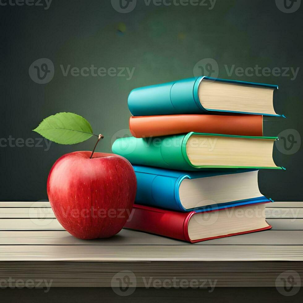 Books, apple and blackboard theme back to school concept, great to use for business, presentations, websites, blogs etc. Ai Generated Image photo