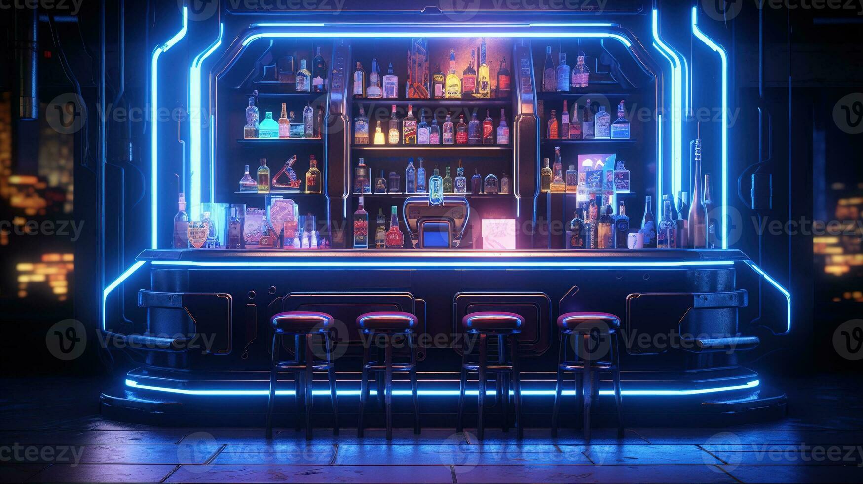 generativo ai, cyberpunk estilo bar o cafetería. noche escena de grande ciudad, futurista nostálgico años 80, años 90 neón luces vibrante colores, fotorrealista horizontal ilustración. foto