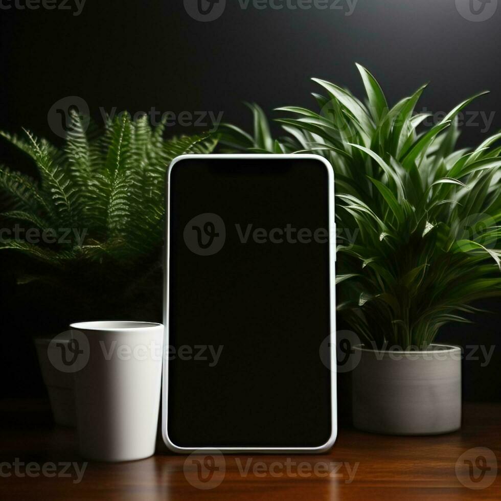 Plain cellphone and laptop mockup with modern lifestyle design workspace background for work and communication, great for networking, business, marketing etc. Ai generative image photo