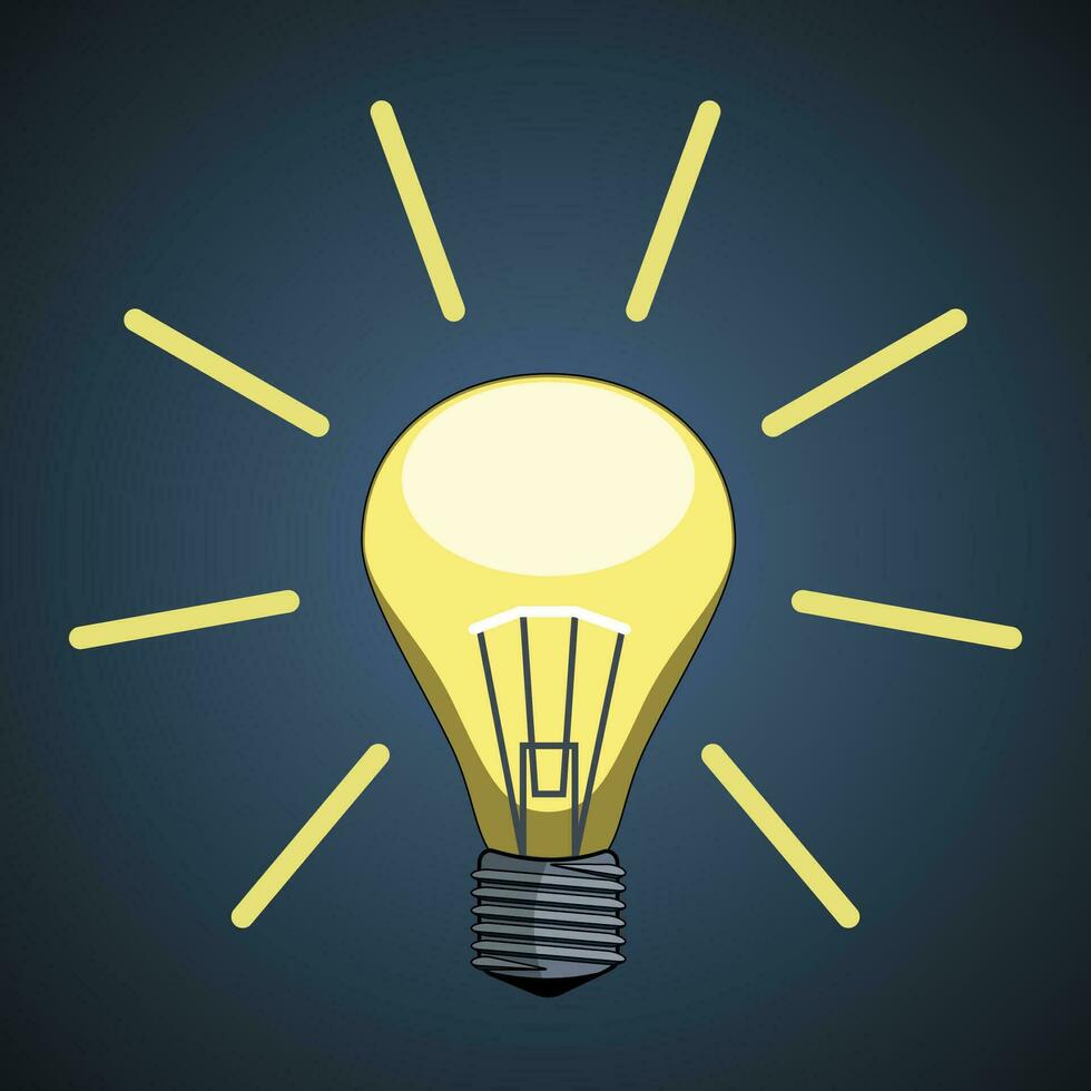 A yellow light bulb with an incandescent spiral glowing in the dark. vector