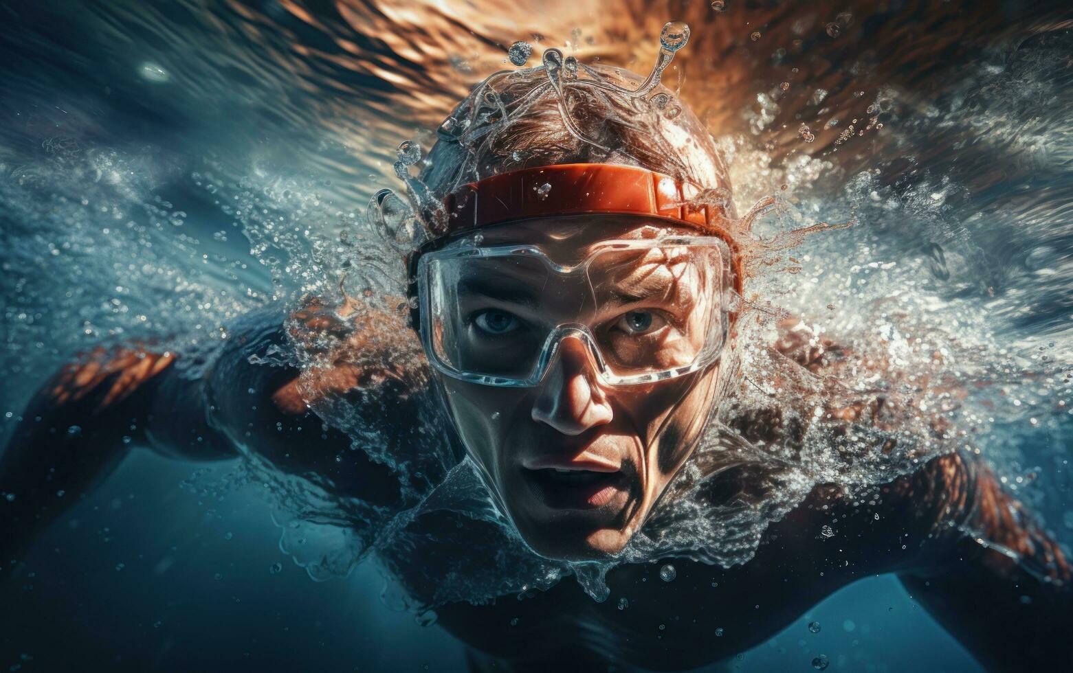 A swimmer performing a dive in a swimming pool photo