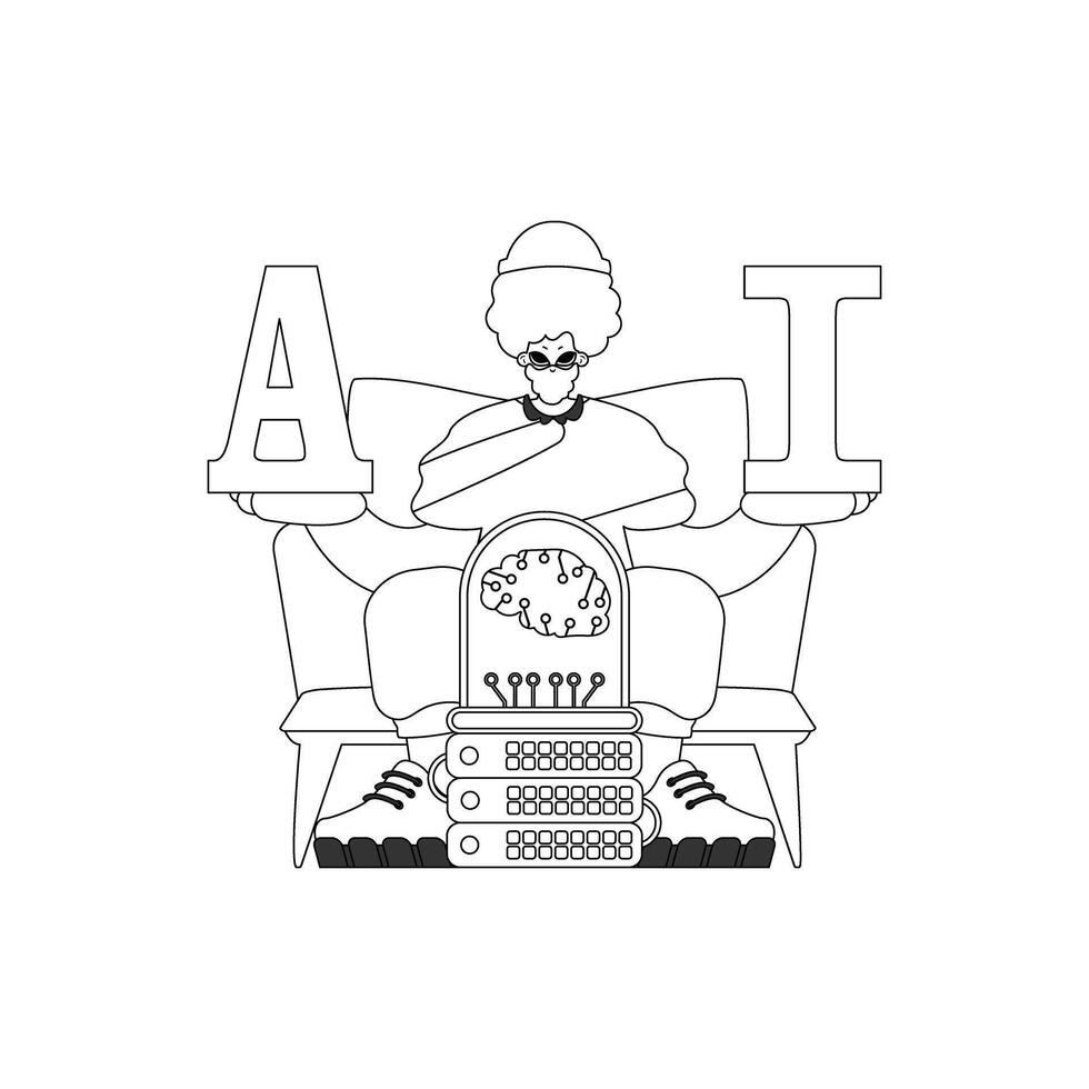 He grasps AI letters in his hands, symbolic of AI technology depicted in a linear vector format