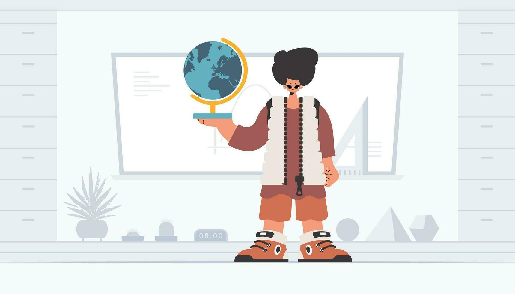 The individual is holding a colossal globe, the subject of learning. Trendy style, Vector Illustration