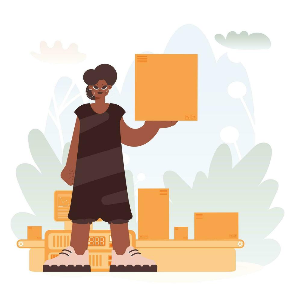Empowered Transport. Lively woman with Box on Transport. vector