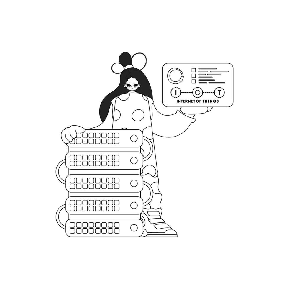 Girl interacts cloud storage server for Internet of Things in a linear style vector