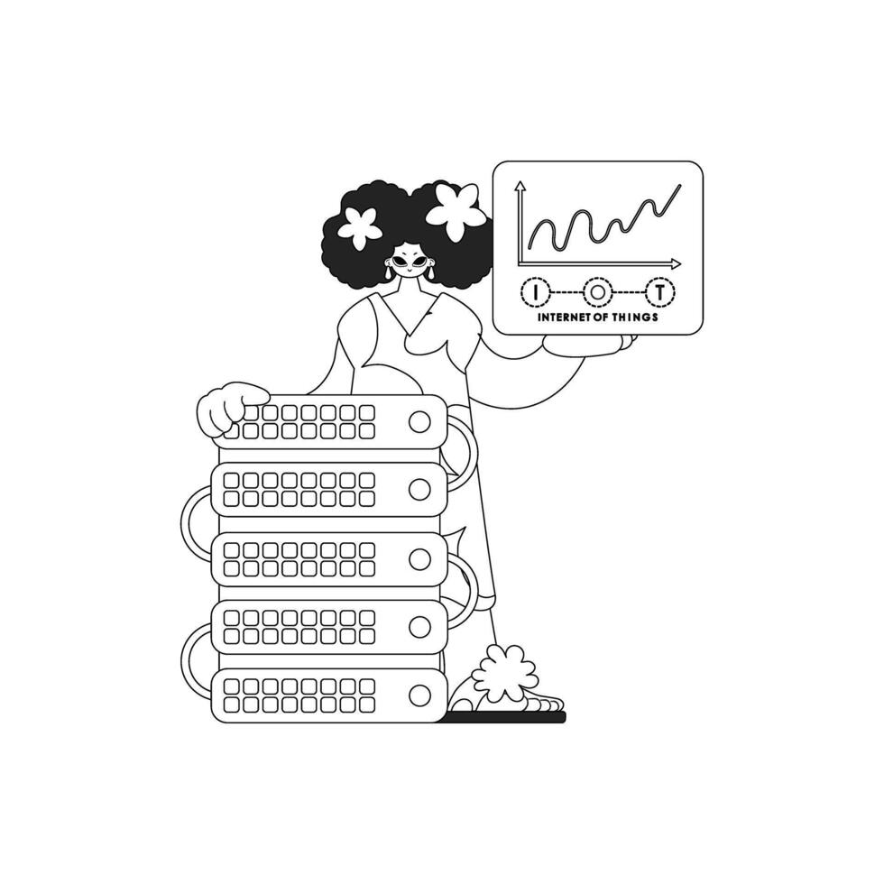 Girl, cloud server for IoT, linear style vector