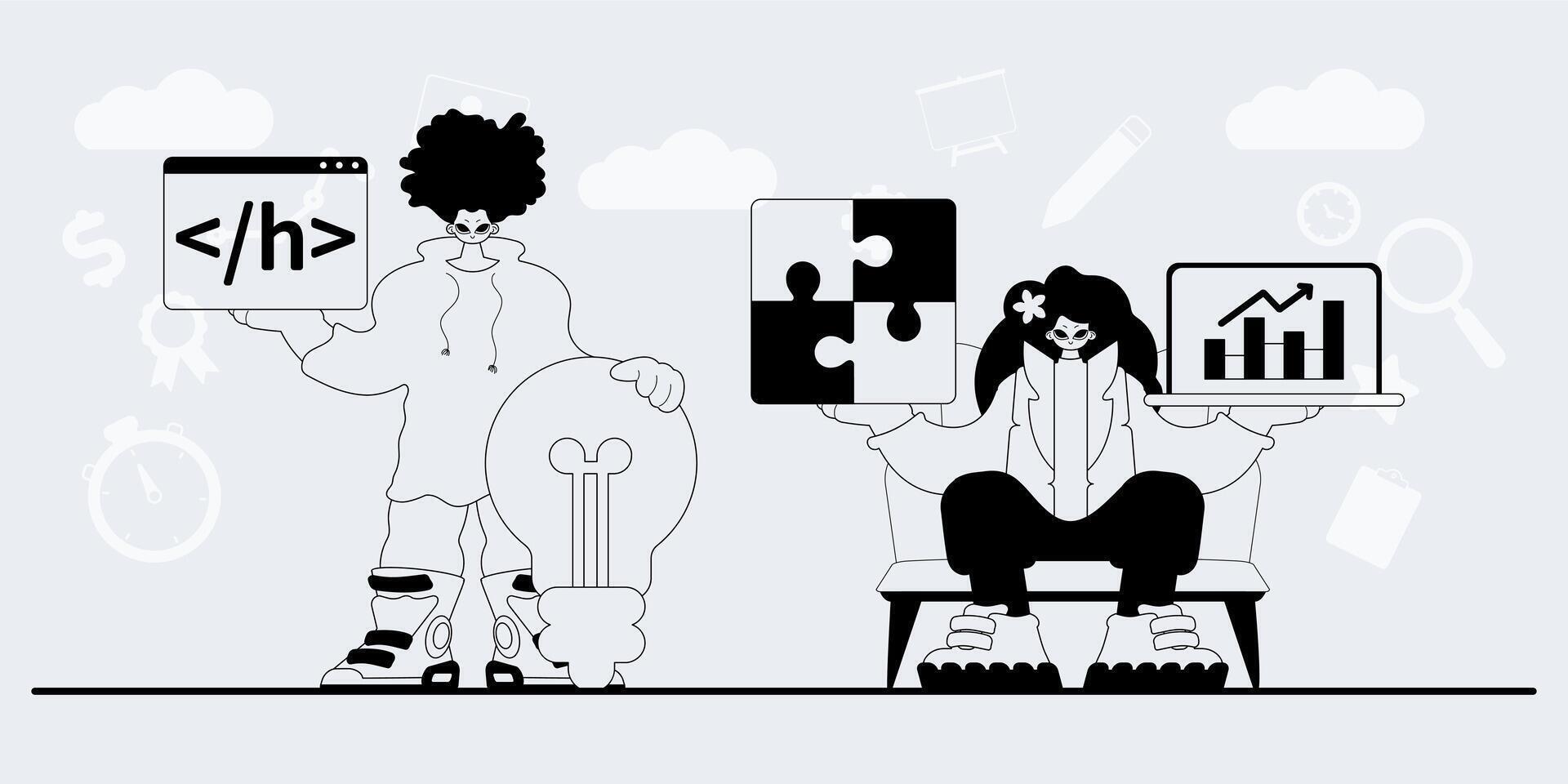 Two people sitting on a chair with a laptop and a computer vector