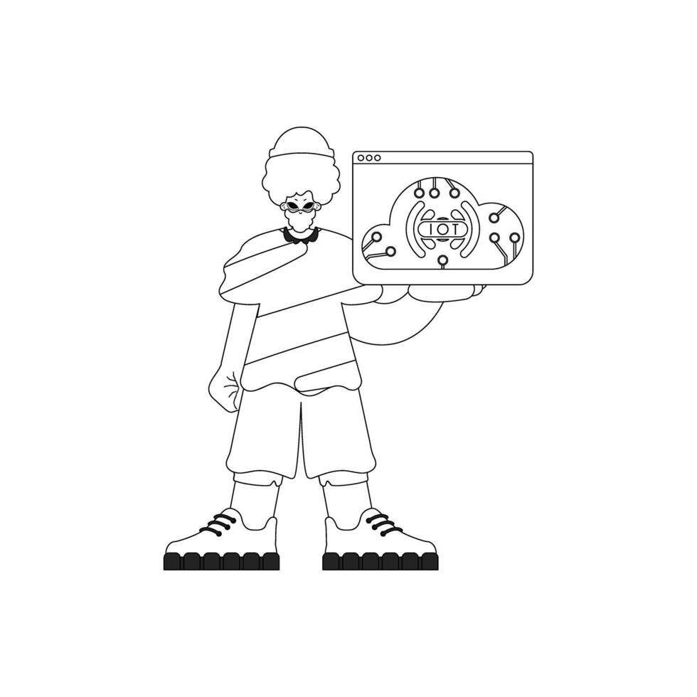 A man holding a computer with a sign on it vector