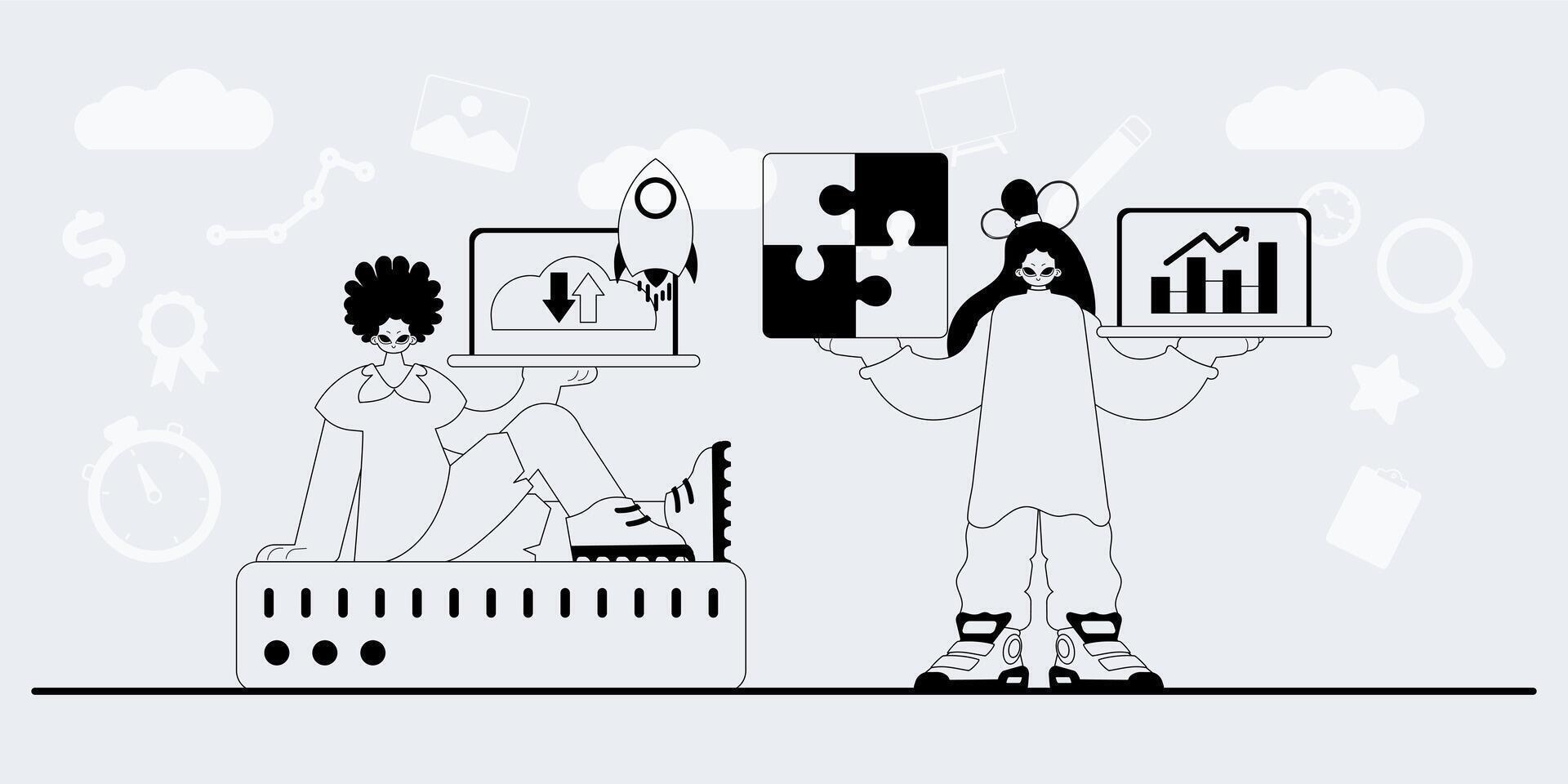 Two people are holding up a laptop and a tablet vector