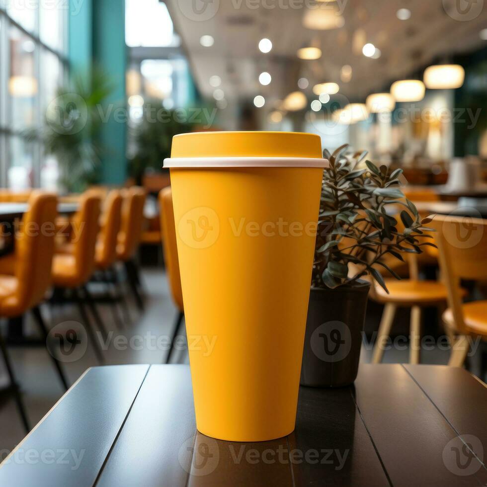 A cup of yellow plastic cup with blank and blur background, great for mockup, marketing, decoration, business, online shop materials, social media. Generative Ai Images photo