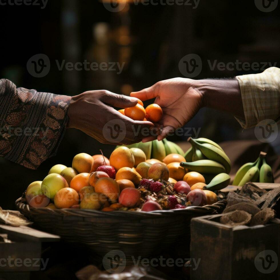 Meeting between buyers and sellers in traditional markets, handshakes, sales, business, economy, fruit market, buying and selling of goods. Generative Ai concept photo