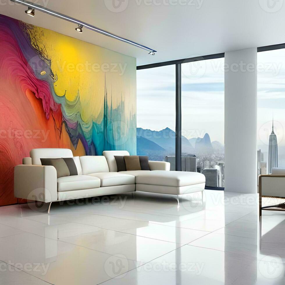 Colorful paint stains on the wall with simple table chairs furniture, great for business, company, website, advertisement, decoration inspiration, residential etc. Ai generative concept photo