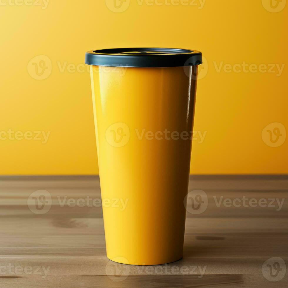 un taza de amarillo el plastico taza con blanco y difuminar fondo, genial para Bosquejo, marketing, decoración, negocio, en línea tienda materiales, social medios de comunicación. generativo ai imágenes foto