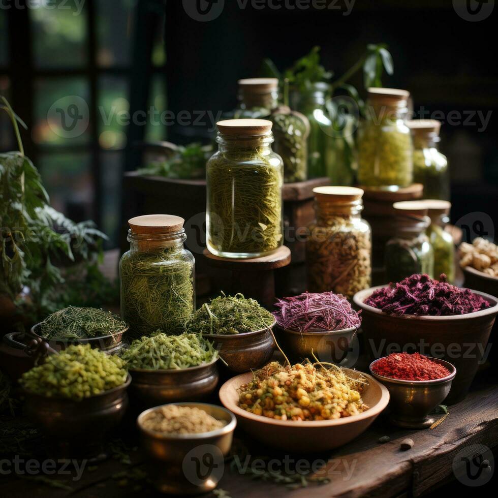Herbal organic medicines from plant extracts of ginger, turmeric, galangal etc. to heal traditionally. Great for nutrition, immune, business, herbal companies, health blogs etc. Image of generative Ai photo