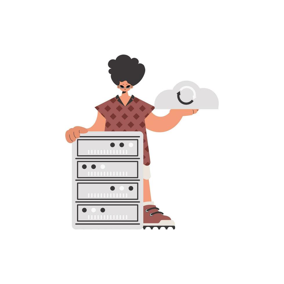 The boy is holding a information cloud and a server. Disconnected. Trendy style, Vector Illustration