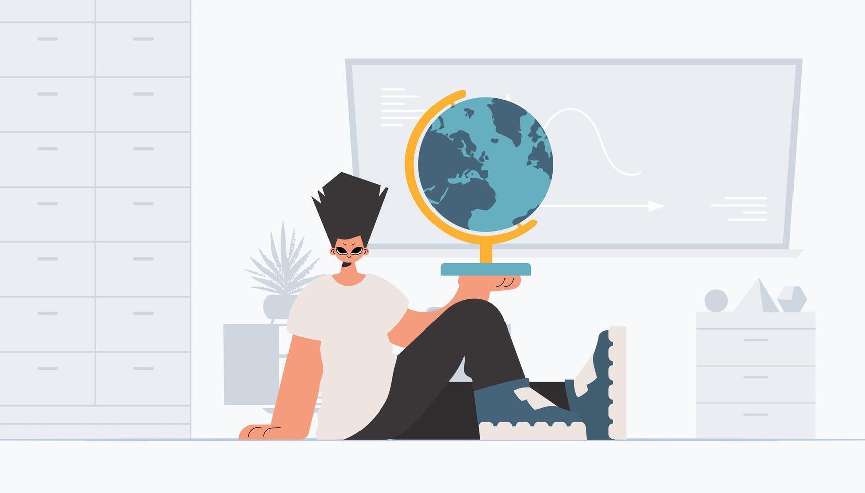 The person is holding a colossal globe, the subject of learning. Trendy style, Vector Illustration