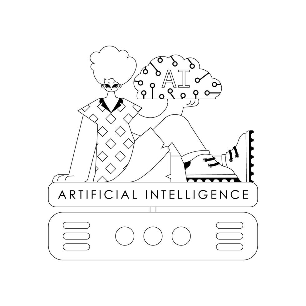 AI guy, server in AI theme, vector linear look