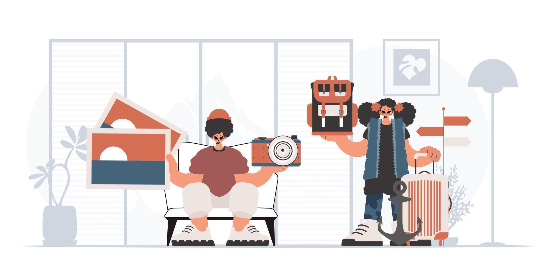 A man and woman are sitting in a room with a suitcase vector